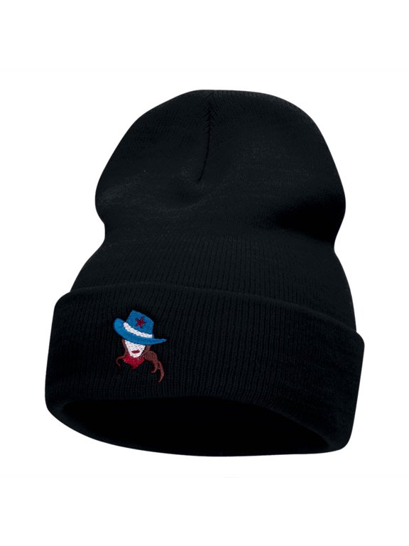 American Cowgirl Head Embroidered Long Knitted Beanie - Navy OSFM