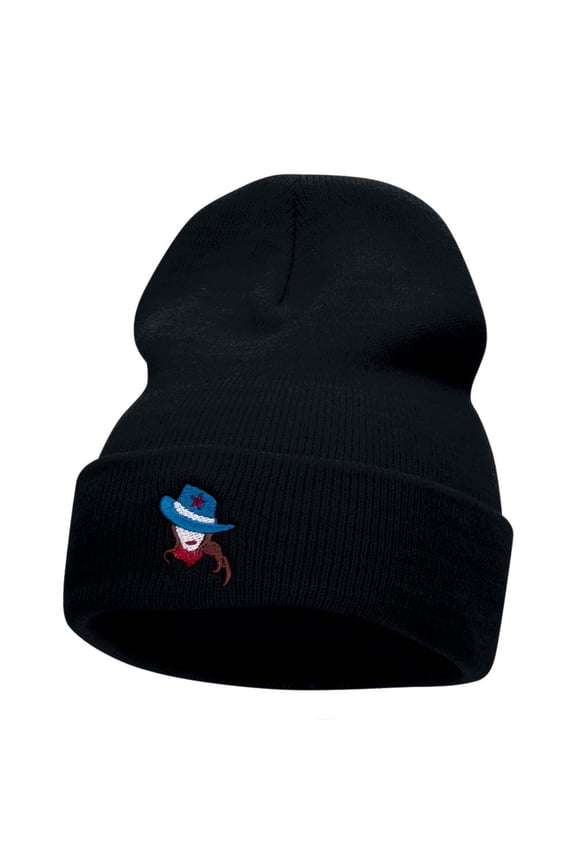 American Cowgirl Head Embroidered Long Knitted Beanie - Navy OSFM