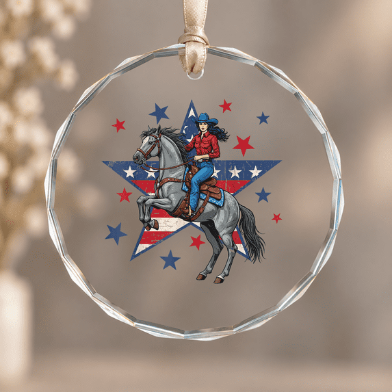 American Cowgirl Riding Horse USA Flag 4th of July Christmas Ornament ...