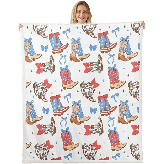 American Cowgirl Throw Blanket,Western Tribal Boots Red Blue Bowknots Princess Fleece Blanket for Bedroom Rustic Brown Cowhide Starry Soft Blanket for All Seasons,Baby