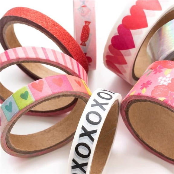 American Crafts 310940 Pink Paislee - Lucky Us Collection - Washi Tape with Iridescent Foil & Red Glitter Accents - Pack of 8