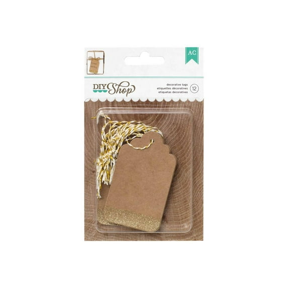 American Crafts DIY Shop - Craft tag - kraft, gold glitter (pack of 12)