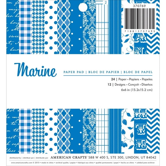 American Crafts Paper Pad 6"X6" 24/Pkg-Marine, 12 Designs/2 Each, Pk 3