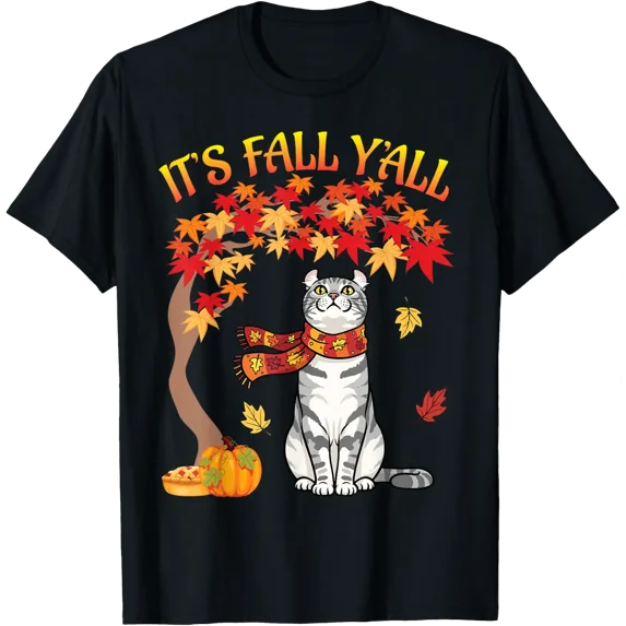 American Curl Cat Pumpkin Leaves Fall T Shirt Size S-5XL