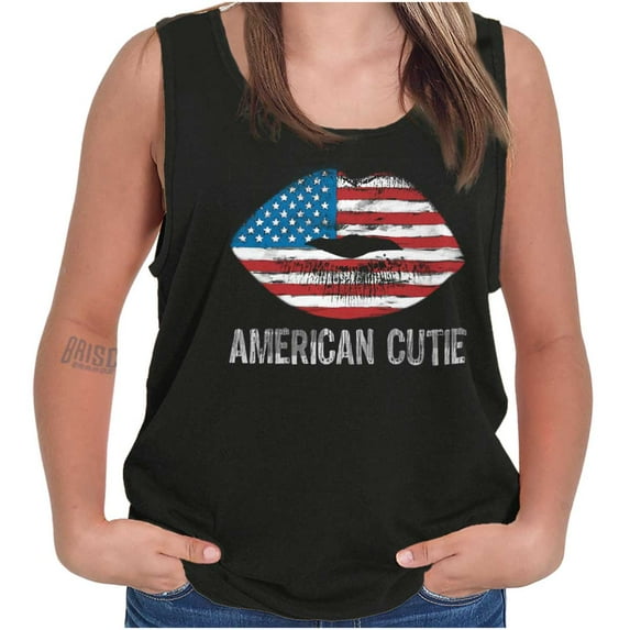 American Cutie USA Flag Kiss Lips Tank Top Tee Shirt Women Brisco Brands L