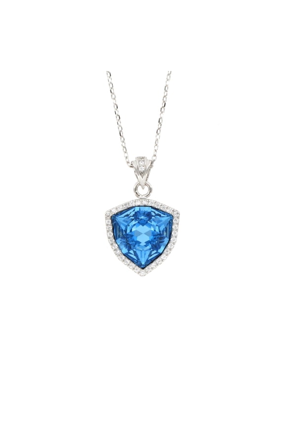 925 Sterling Silver Blue Aquamarine Swarovski Crystal Trillion Triangular Pendant with Cubic Zirconia Halo, 18" Chain Necklace