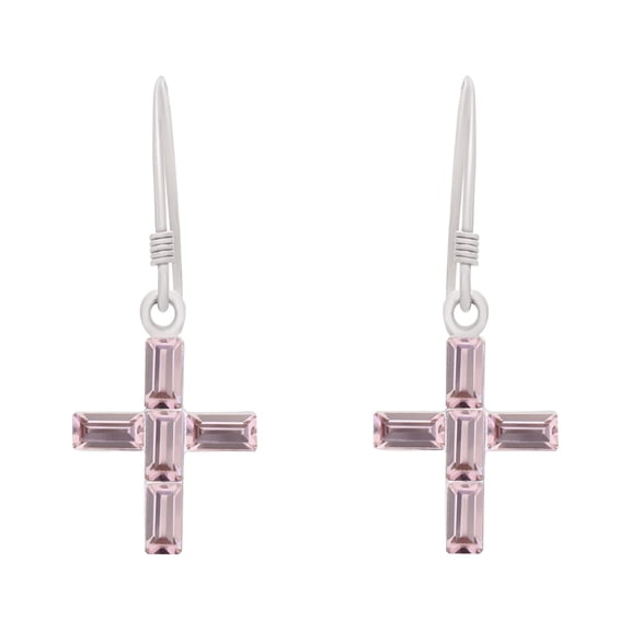 American Designs 925 Sterling Silver Cross Dangle and Drop French Wire Lavendar Rose Swarovski Crystal Earrings
