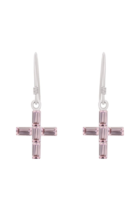 925 Sterling Silver Cross Dangle and Drop French Wire Lavendar Rose Swarovski Crystal Earrings