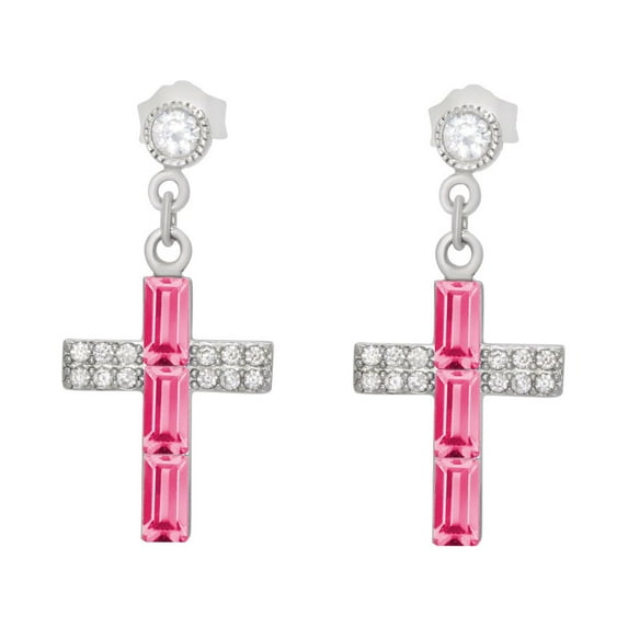 American Designs 925 Sterling Silver Cross Dangle and Drop Pink Sapphire Swarovski Crystal and Cubic Zirconia (CZ) Post Earrings