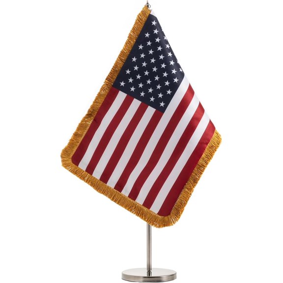 American Desk Flag Set with Fringe, Desktop 10x13 Inch American USA Flag with Stand for Office Decor, Double Sided Table Flag with Metal Stand Base