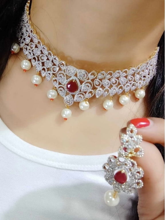 American Diamond Bollywood Short Necklace Set Indian Pakistani Silver Plated with Ruby CZ Stones & Floral Drop Earrings Jewelry Set