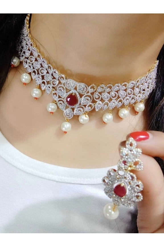 American Diamond Bollywood Short Necklace Set Indian Pakistani Silver Plated with Ruby CZ Stones & Floral Drop Earrings Jewelry Set