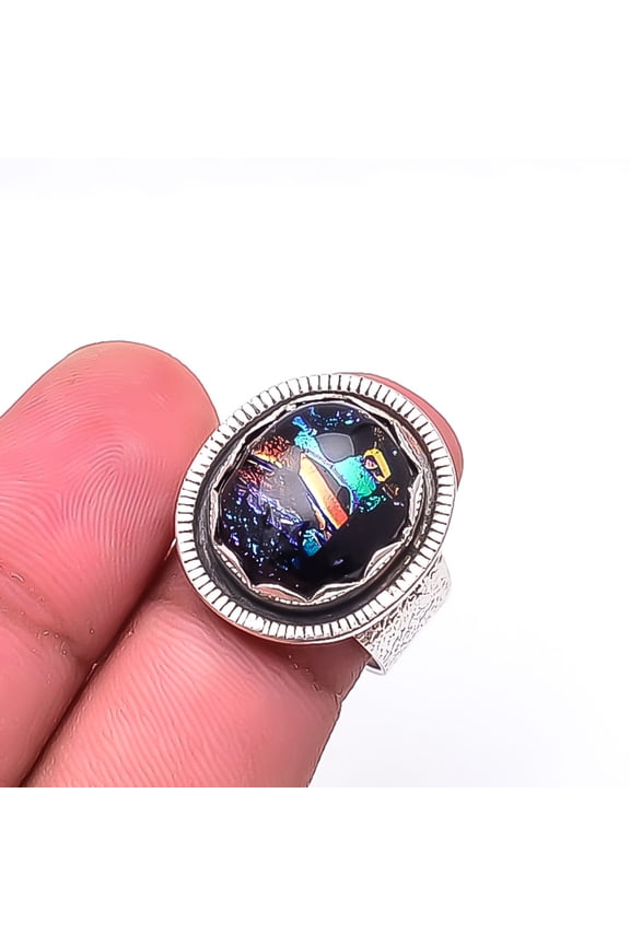 American Dichroic Glass Handmade Oxidised 925 Sterling Silver Ring S.8 R94472188, Christmas Sale, Birthday Gift, Beautiful Jewelry For Woman