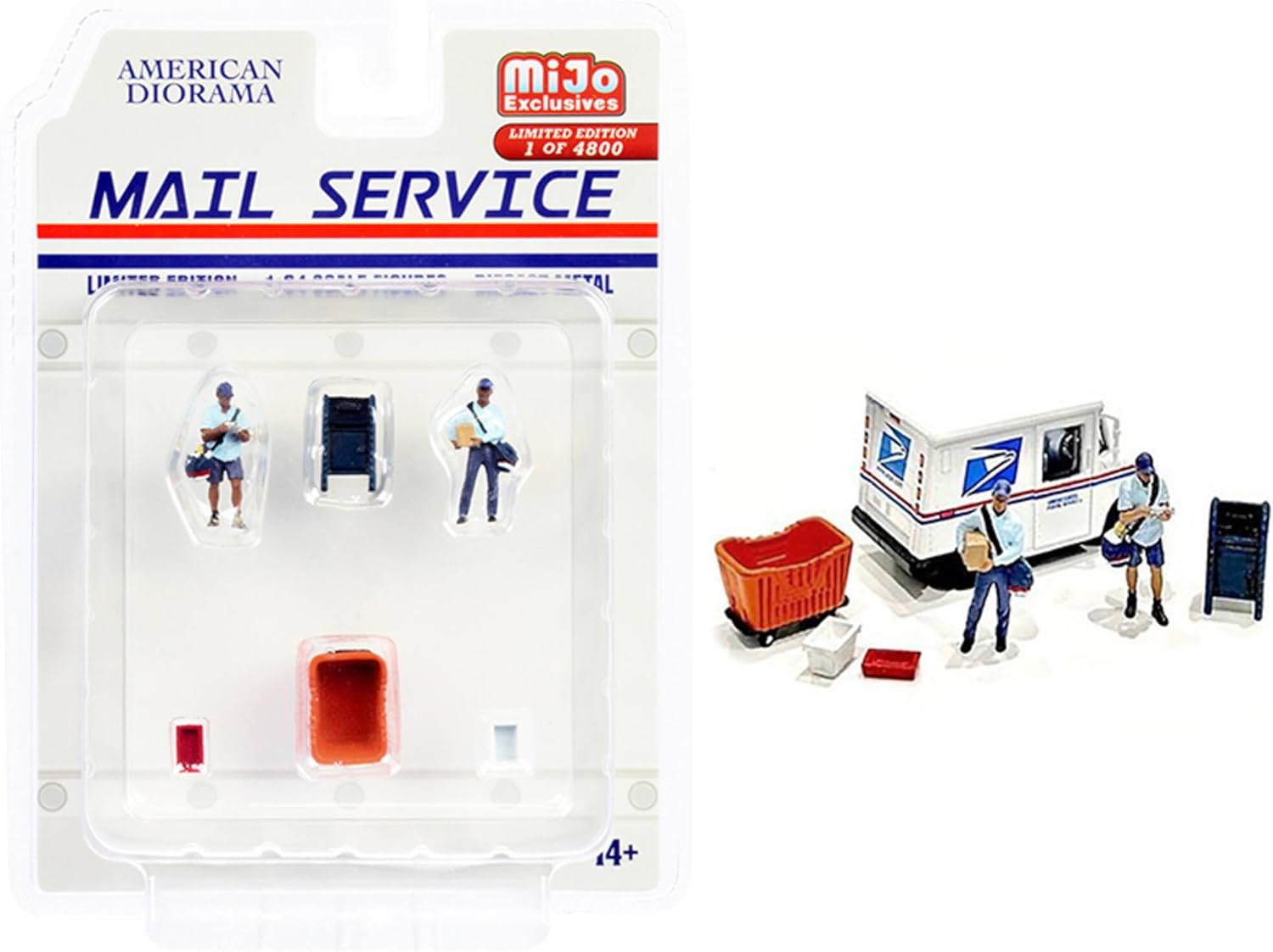 American Diorama Mail Service 6 piece Diecast Set (2 Male Mail Carrier