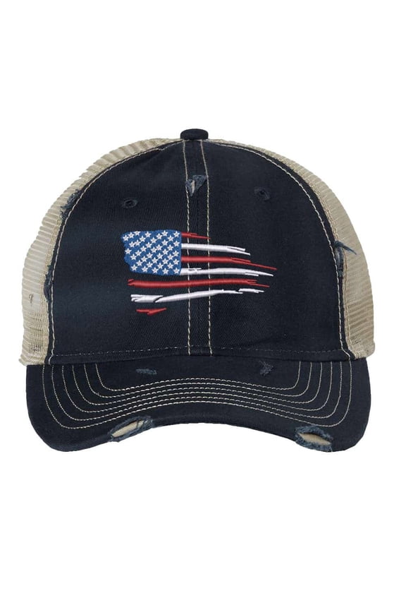 American Flag Trucker Hat Distressed Embroidered Patriotic Mesh Cap with Adjustable Buckle (NavyBlue)