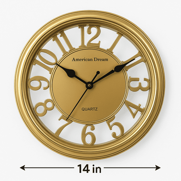 American Dream 14" Wall Clock, Non-Ticking Quartz Movement, Gold and Silver Finish, Silent Decorative Clock