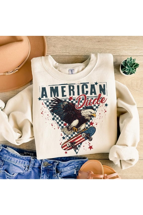 American Dude Sweatshirt, Retro USA Eagle Pullover, 4th of July Boy's Flag Shirt, Patriotic Independence Day Tee BTO