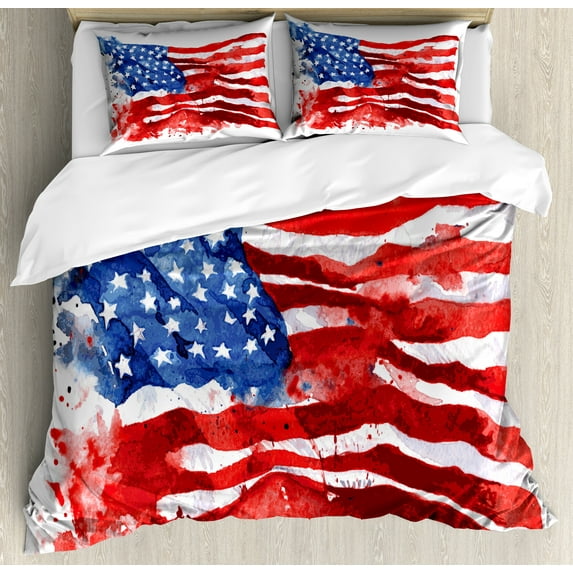 American Duvet Cover Set, Flag of America Watercolor Splash National Independence Symbol Abstract Art, Decorative 3 Piece Bedding Set with 2 Pillow Shams, Calking Size, Red Blue White, by Ambesonne