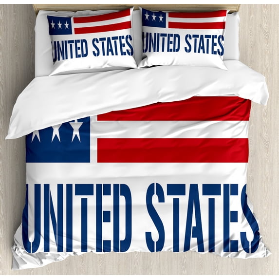 American Duvet Cover Set King Size, Stars and Stripes Flag Inspired Design with United States Lettering, Decorative 3 Piece Bedding Set with 2 Pillow Shams, Dark Blue Vermilion White, by Ambesonne