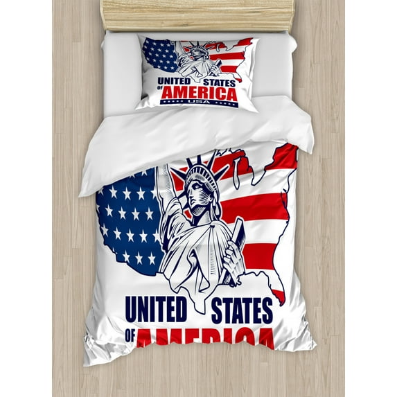 American Duvet Cover Set Twin Size, Liberty NYC United States Flag Hand-drawn with Lettering, Decorative 2 Piece Bedding Set with 1 Pillow Sham, Vermilion Dark Blue White, by Ambesonne