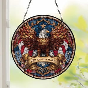 American Eagle 1776 2026 250th Anniversary Glass Suncatcher Round Window Hanging, 3.5 in