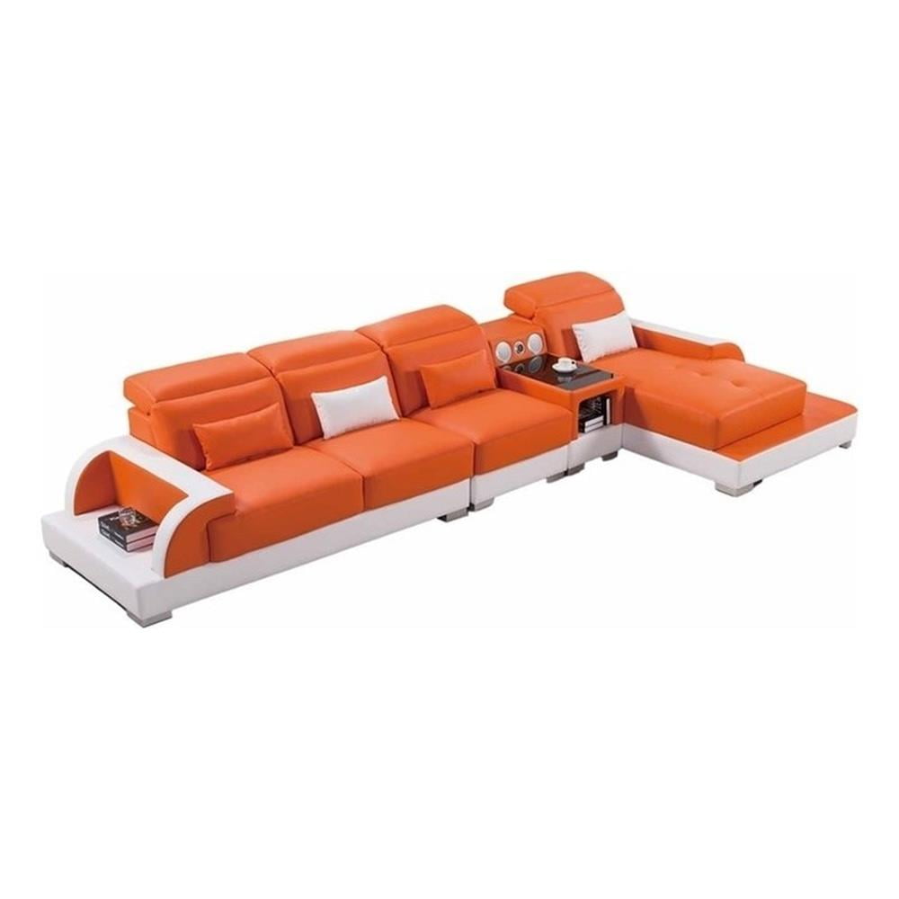 Orange and Ivory Faux Leather Four-Piece Sectional Sofa