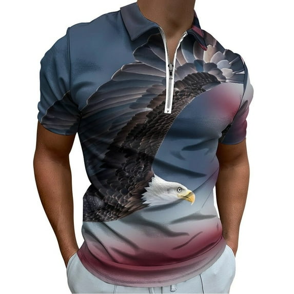 American Eagle, American Flag Men Zipper T-shirt Summer Casual Short Sleeve T-shirt Top