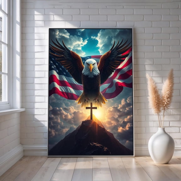 American Eagle And Cross Patriotic Christian Canvas Wall Art Faith & Freedom Artwork Usa Flag Religious Home Decor Inspirational Gift, Unframed Poster Size 24x36
