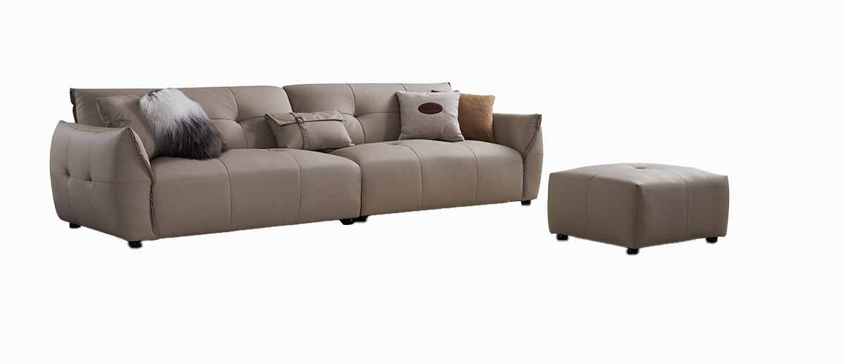 Light Gray Tufted Italian Leather Sofa with Ottoman