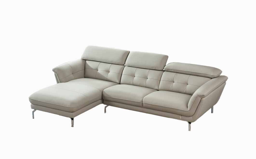 Light Gray Tufted Italian Leather Sectional Sofa with Chrome Legs