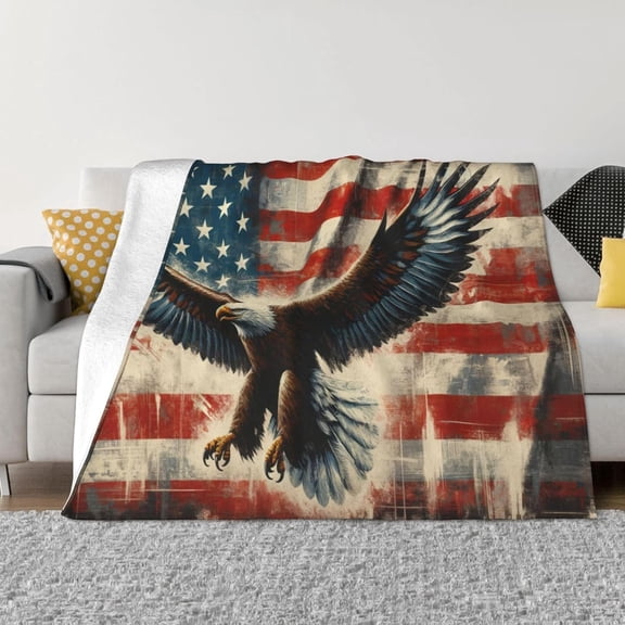 American Eagle Fleece Throw Blanket with USA Flag Print for Living Room Sofa Bed