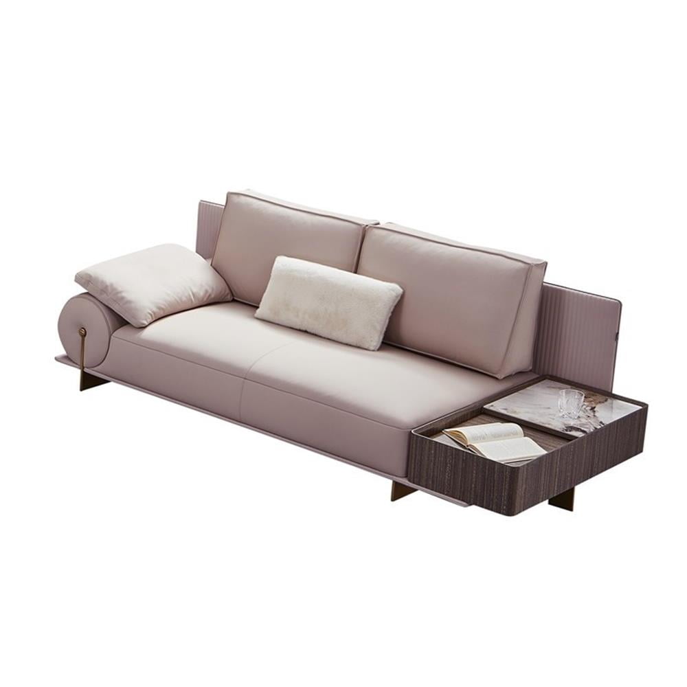Gray Genuine Leather Loveseat with Attached End Table