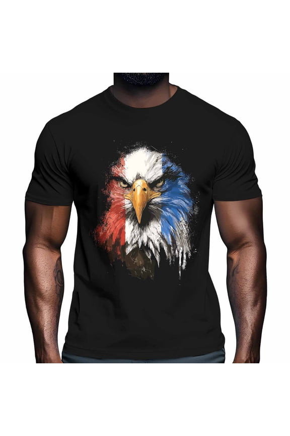 American Eagle Men's T Shirts Abstract Watercolor Red White Blue Eagle T-Shirt for Men Crew Neck Tees Cotton Tops Black, S