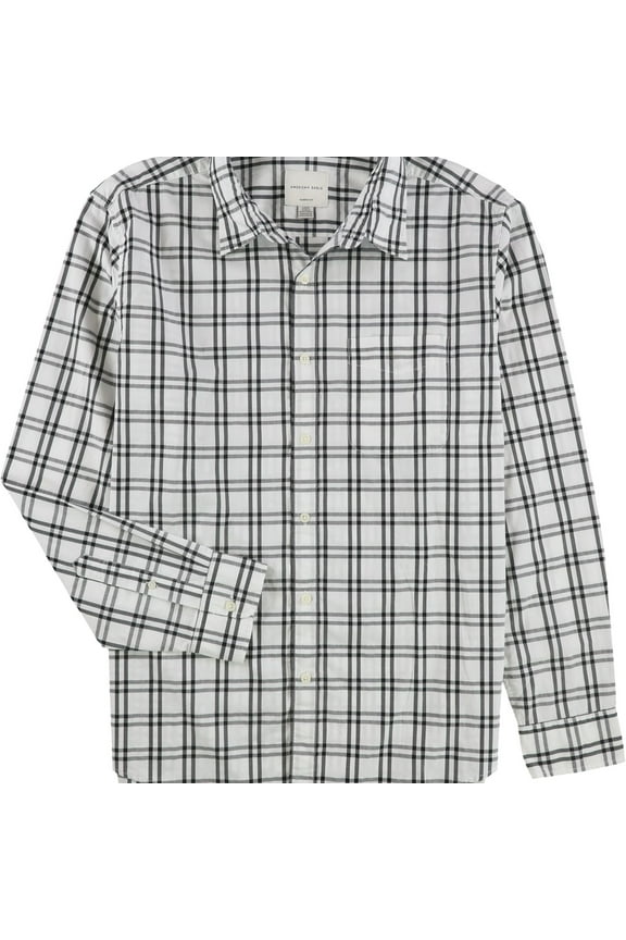American Eagle Mens Plaid Button Up Shirt, White, Large