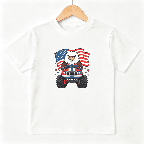 American Eagle Monster Truck Boys Graphic Tee, Patriotic 100% Cotton Kids Short Sleeve T-Shirt 4-13Y