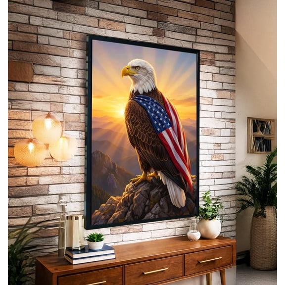American Eagle Mountain USA Flag Bald Eagle Sunset Paper Poster , Poster Print Only