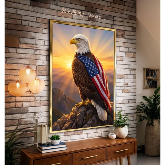 American Eagle Mountain Wall Art Patriotic Usa Flag Poster Bald Eagle Sunset Landscape Poster Nature Lover Gift Large Office Decor, Poster Only