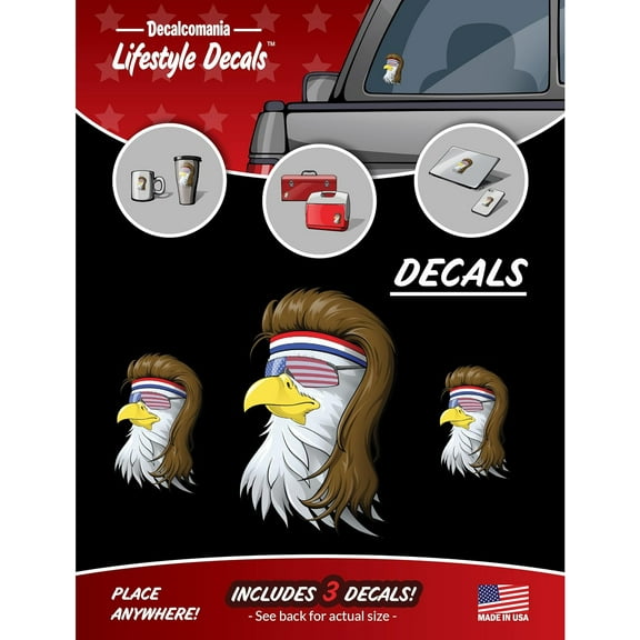 American Eagle Mullet Vinyl Decal - Set of 3 Stickers for Vehicle Window Car Truck Bumper Laptop Water Bottle - American Flag 'Merica USA Outdoor Rated Weather Resistant