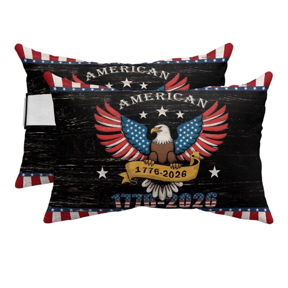 American Eagle Outdoor Pillows for Chaise Lounge Chair Beach Headrest Pillow Set of 2 Waterproof Lumbar Pillows with Insert&Strap 250 4th of July Patriotic Striped Black Pool Pillow 12"x20"