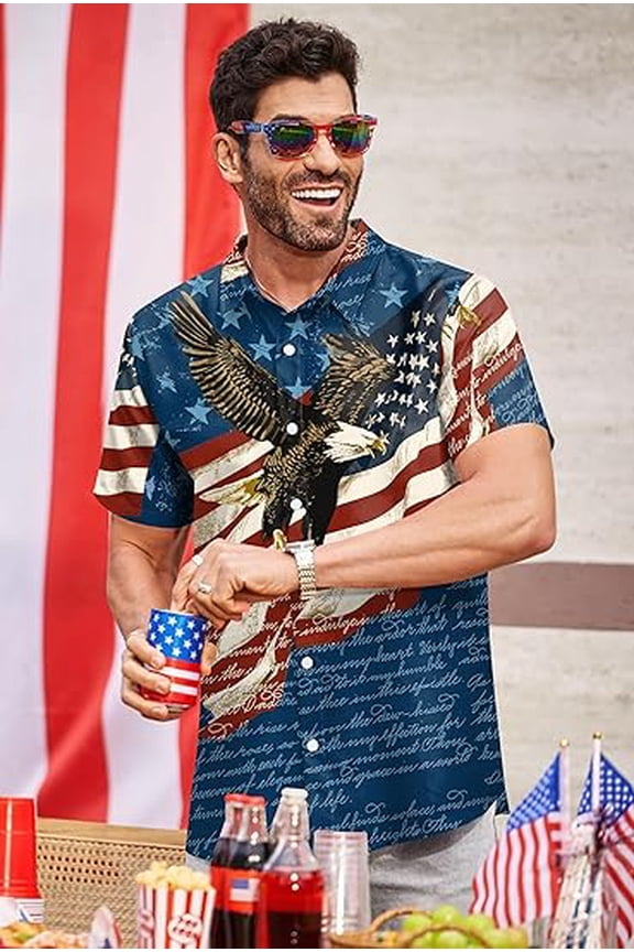 American Eagle Patriotic Hawaiian Shirt Mens USA Flag Independence Day Button Down