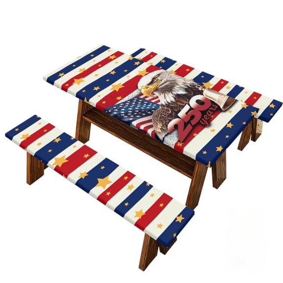 American Eagle Print Picnic Table Cover With Bench Covers 250th Anniversary Camping Essentials Waterproof Windproof Camping Tablecloth With Elastic Edge Independence Day(72inx30in)