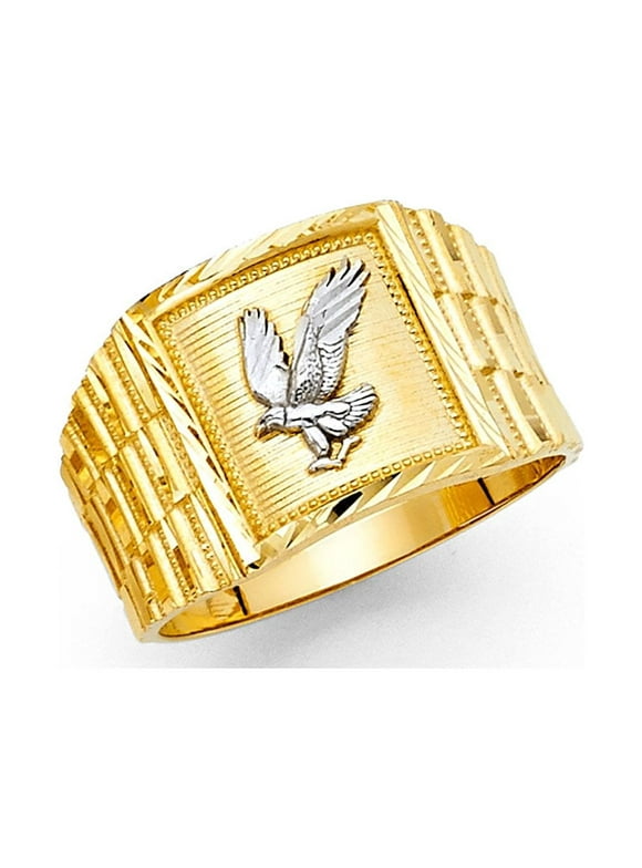 American Eagle Ring Solid 14k Yellow White Gold Textured Band Diamond Cut Two Tone Mens 14MM, Size 10