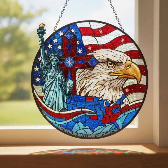 American Eagle Stained Glass Suncatcher, Statue of Liberty Window Hanging,Patriotic USA Decor, Independence Day Gift,4th of July Sun Catcher
