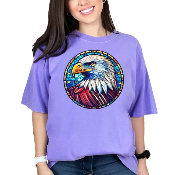 American Eagle T-Shirt, Bald Eagle Stained Glass Art Tee, Patriotic Animal Lovers Shirt, Unique Wildlife Graphic Tee, Gift for Bird Watchers, Violet Comfort Colors T-Shirt, Medium