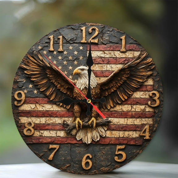 American Eagle Wall Clock Rustic Decor Home Decor 10-Inch Silent Wooden Wall Clock, Battery Operated (AA Batteries Not Included), Artistic Home Decor