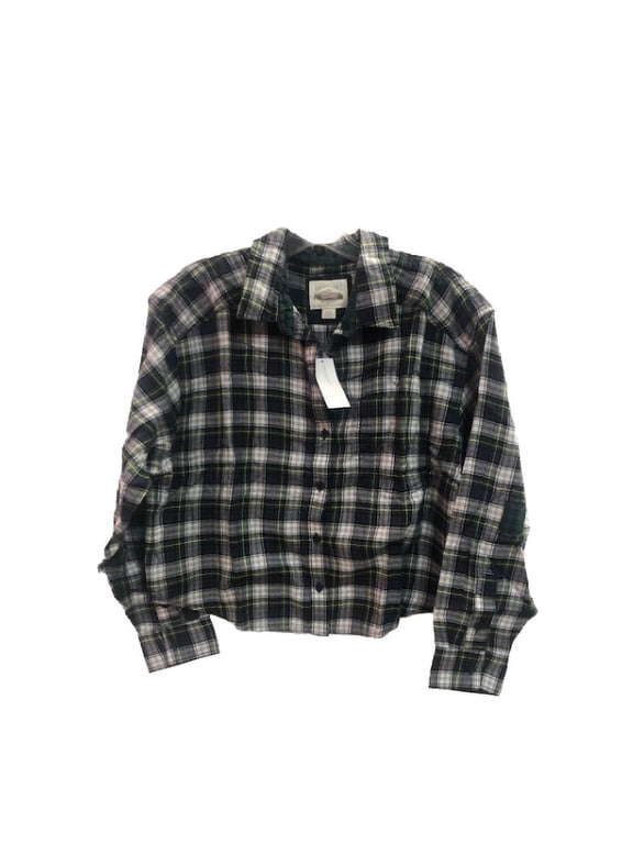 Women's Cropped Flannel Green Shirt, L