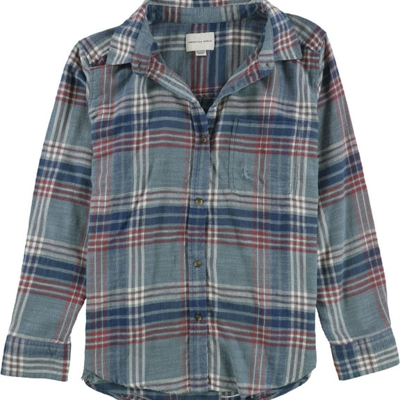 American Eagle Womens Distressed Plaid Button Up Shirt, Blue, Small