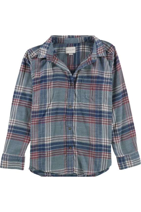 American Eagle Womens Distressed Plaid Button Up Shirt, Blue, Small