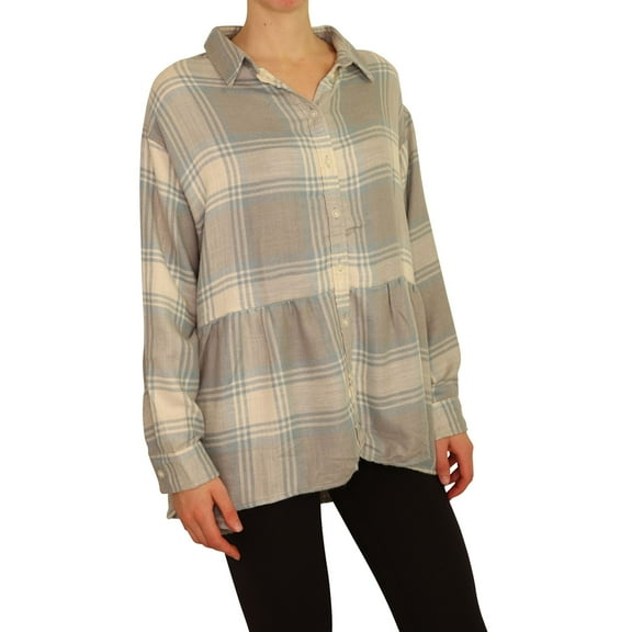 American Eagle Womens Flannel Peplum Button Up Shirt, Blue, Small