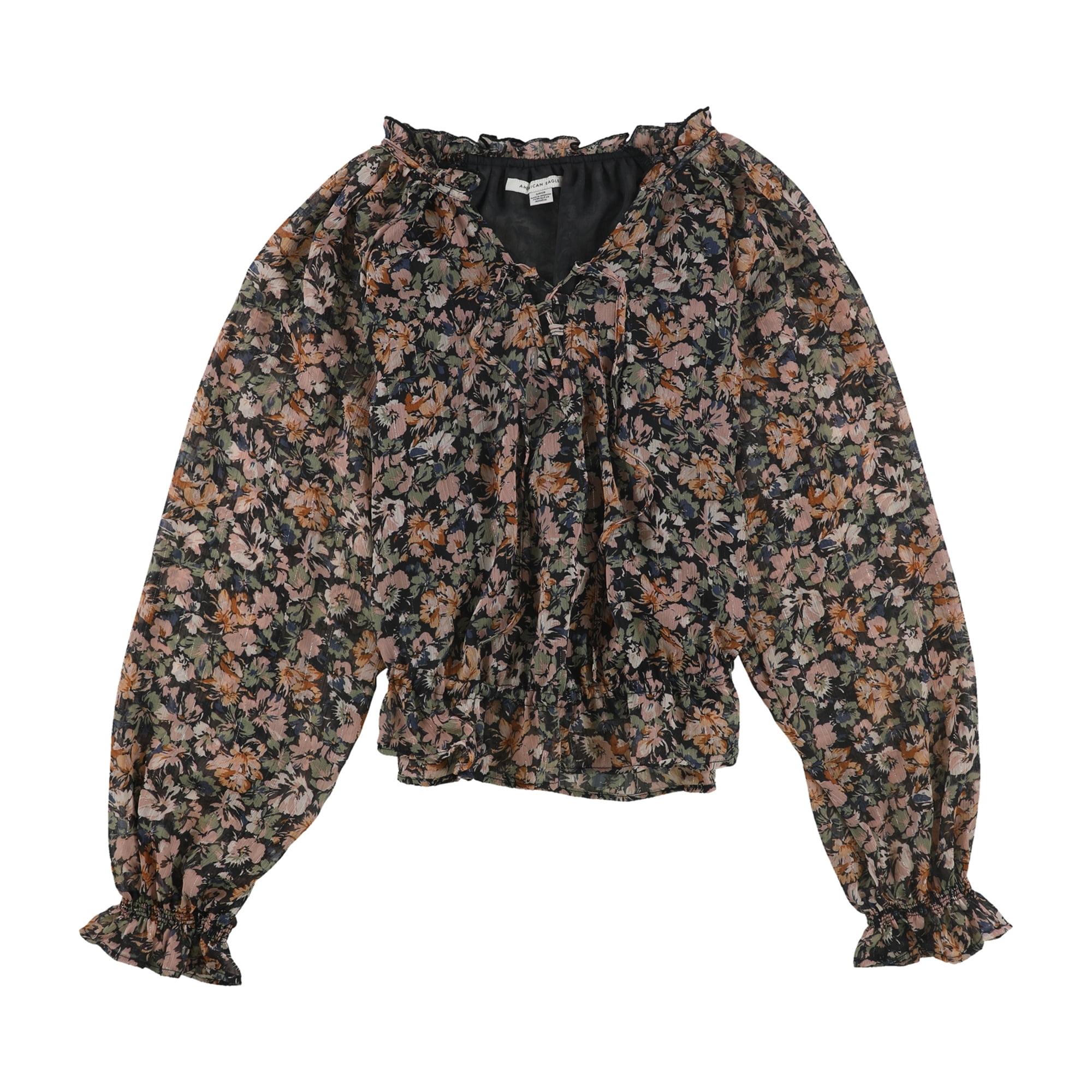 American Eagle Womens Floral Peasant Blouse Black Small